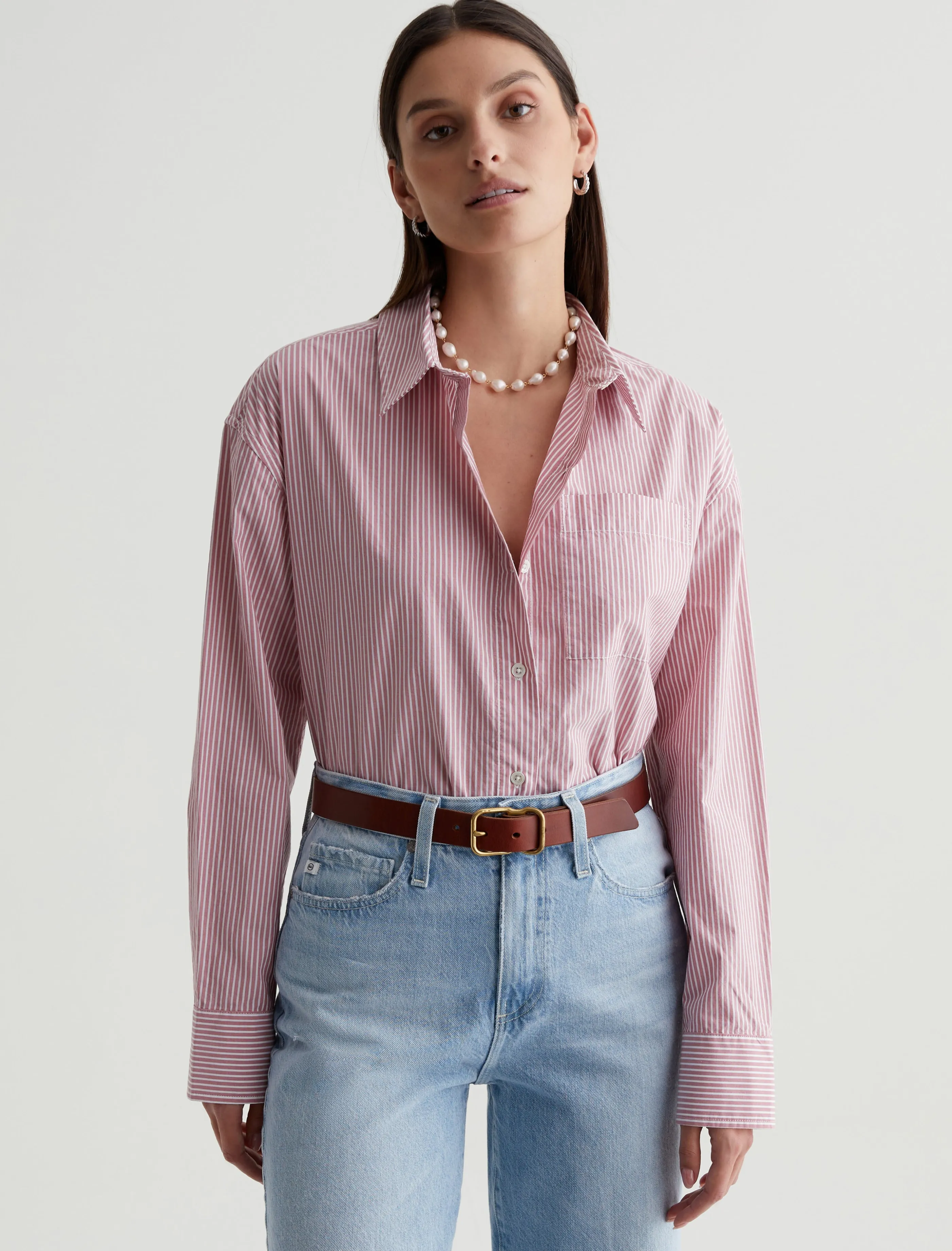 AG Jeans Addison Shirt Bay Stripe Pink Multi Sale