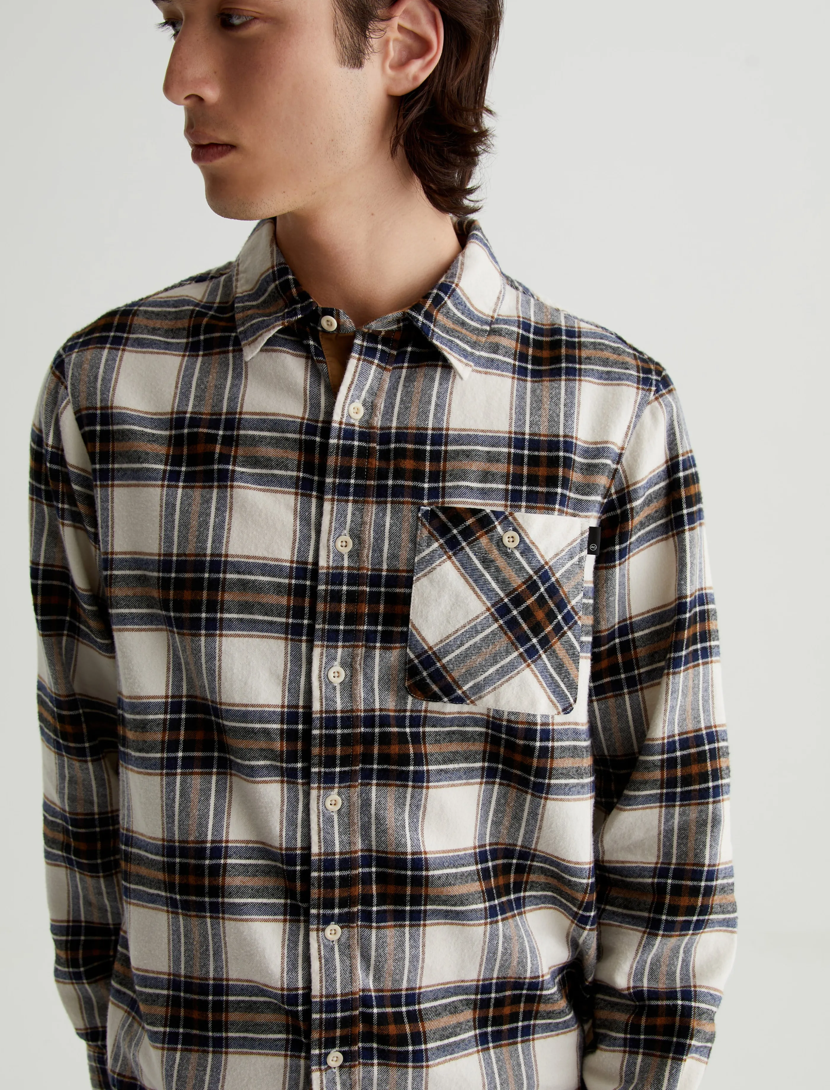 AG Jeans Aiden Shirt Fine Plaid Cream Multi Sale